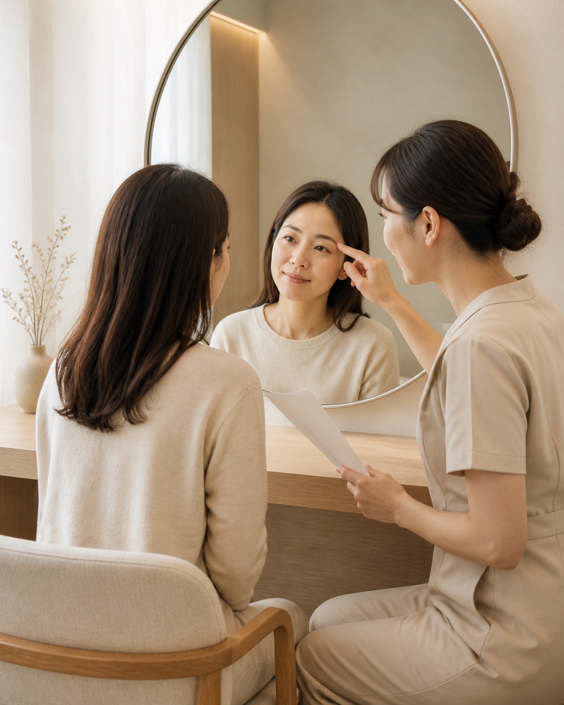 鏡を見ながら眉の印象を相談するお客様とセラピスト