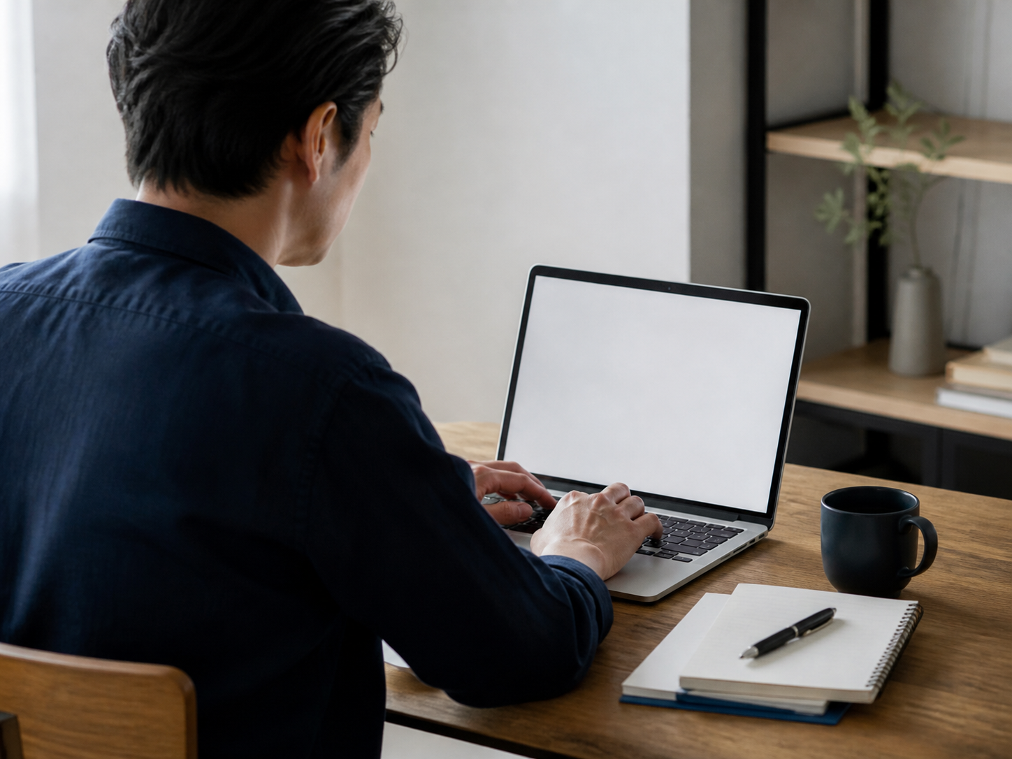 ノートPCで日々の仕事を進める人の後ろ姿と手元